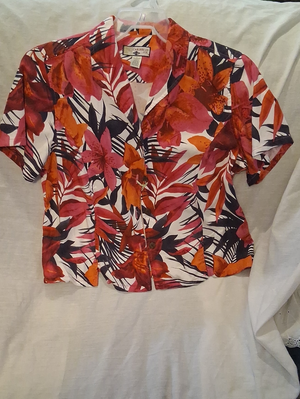 Caribbean Joe Pink & Orange Floral Button-Front Short Sleeve Shirt
